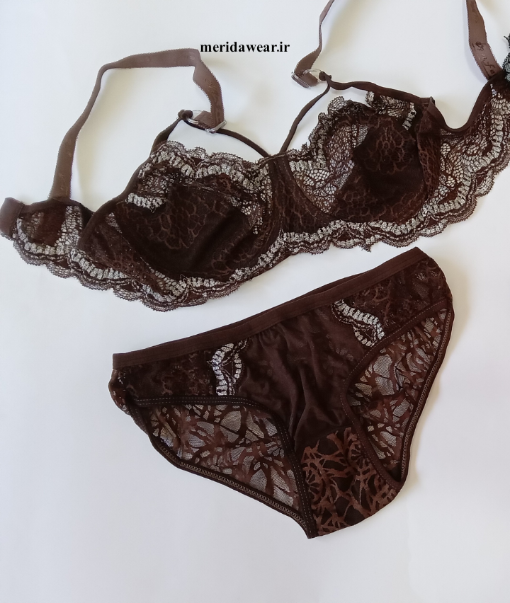 ست شورت و سوتین گیپور گلدوزی قهوه ای کد ۱۴