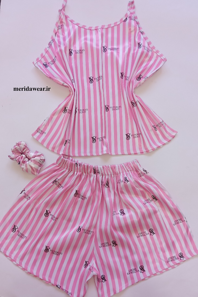 ست تاپ و شورتک ساتن طرح ویکتوریا سکرت صورتی تا سایز ۴۶