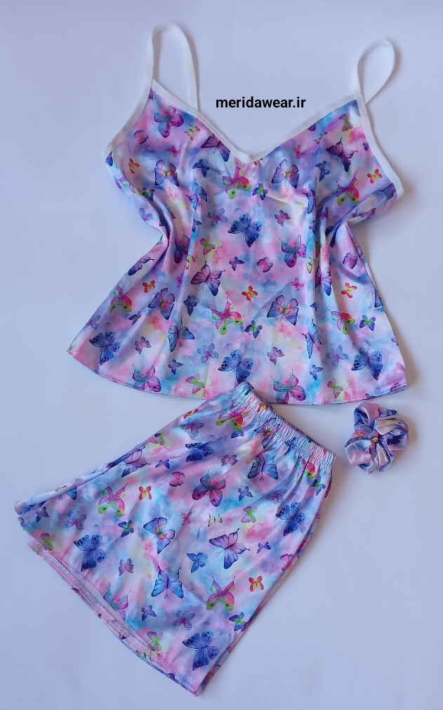 ست تاپ و شورتک ساتن طرح پروانه