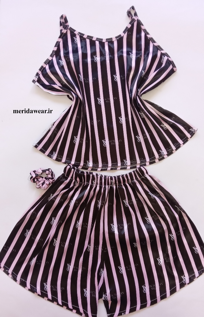 ست تاپ و شورتک ساتن طرح ویکتوریا سکرت مشکی و صورتی تا سایز ۴۶