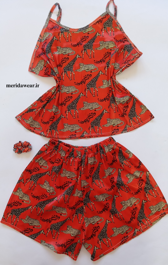 ست تاپ و شورتک ساتن نارنجی طرح جنگل تا سایز ۴۶